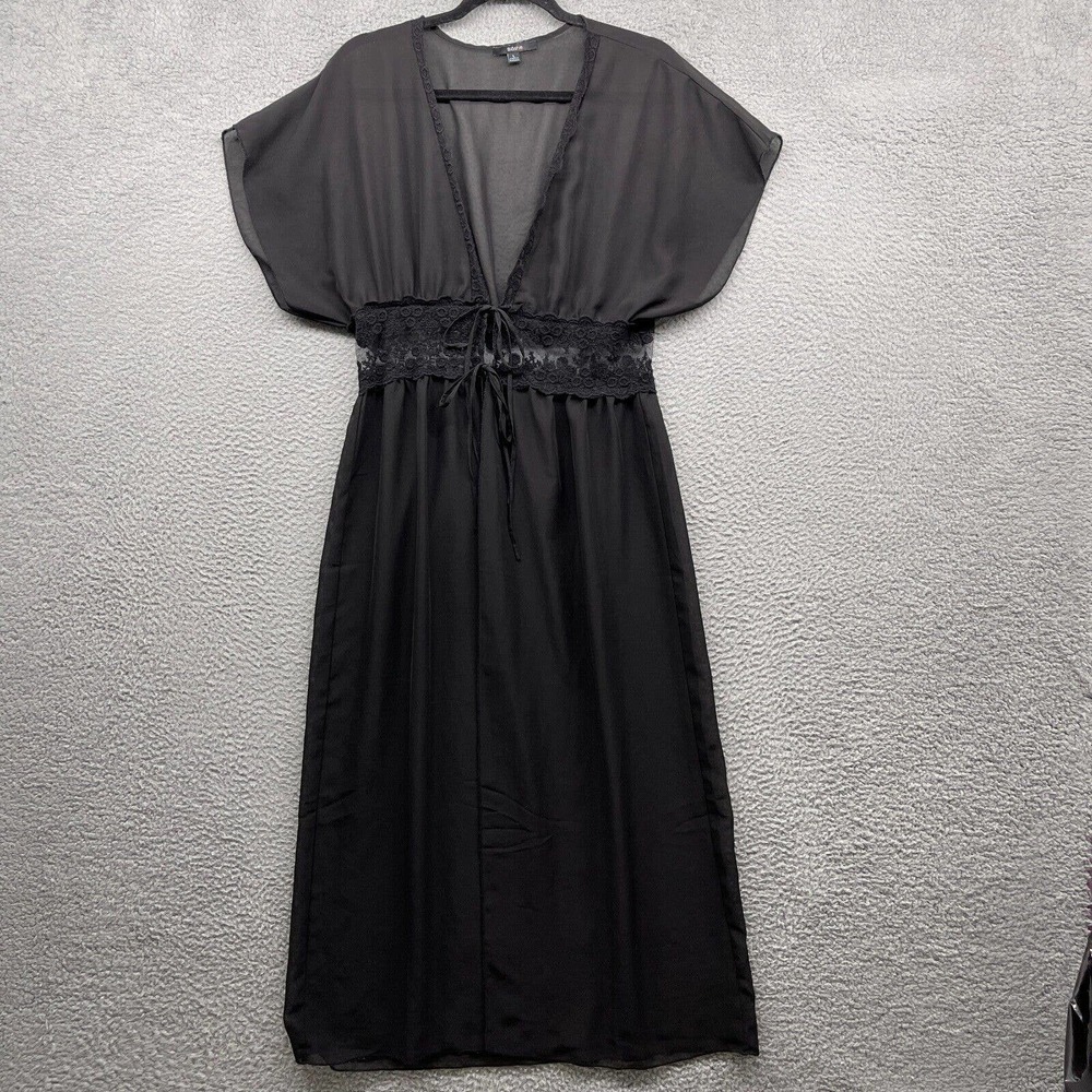 Blashe Womens Black Duster Nightgown Short Sleeve Lace Floral Drawstring Size L
